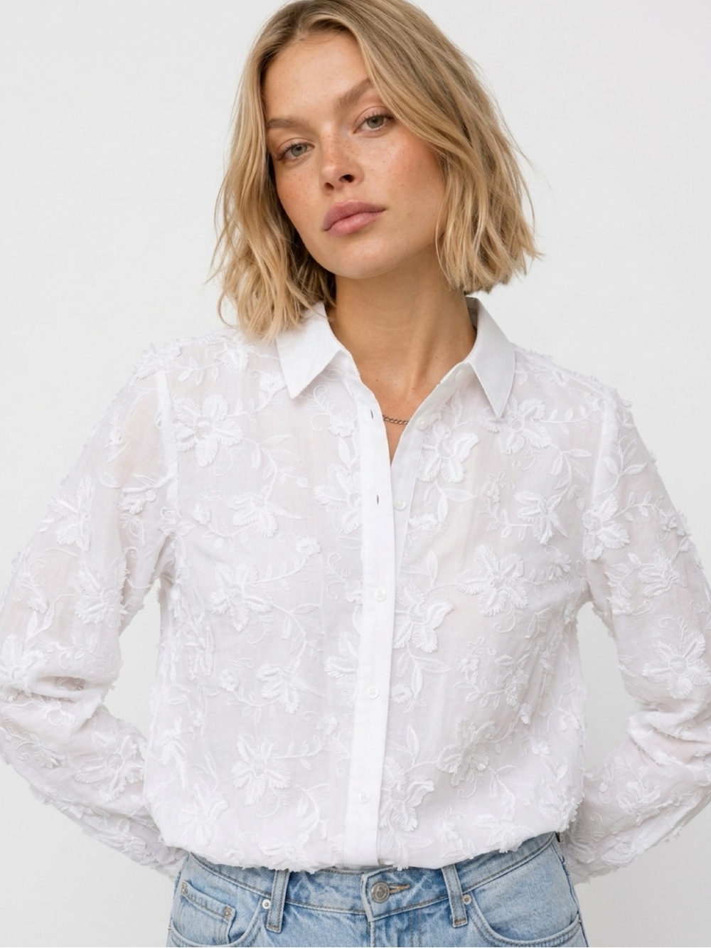 Chico's White Floral Embroidered Button-Down Shirt